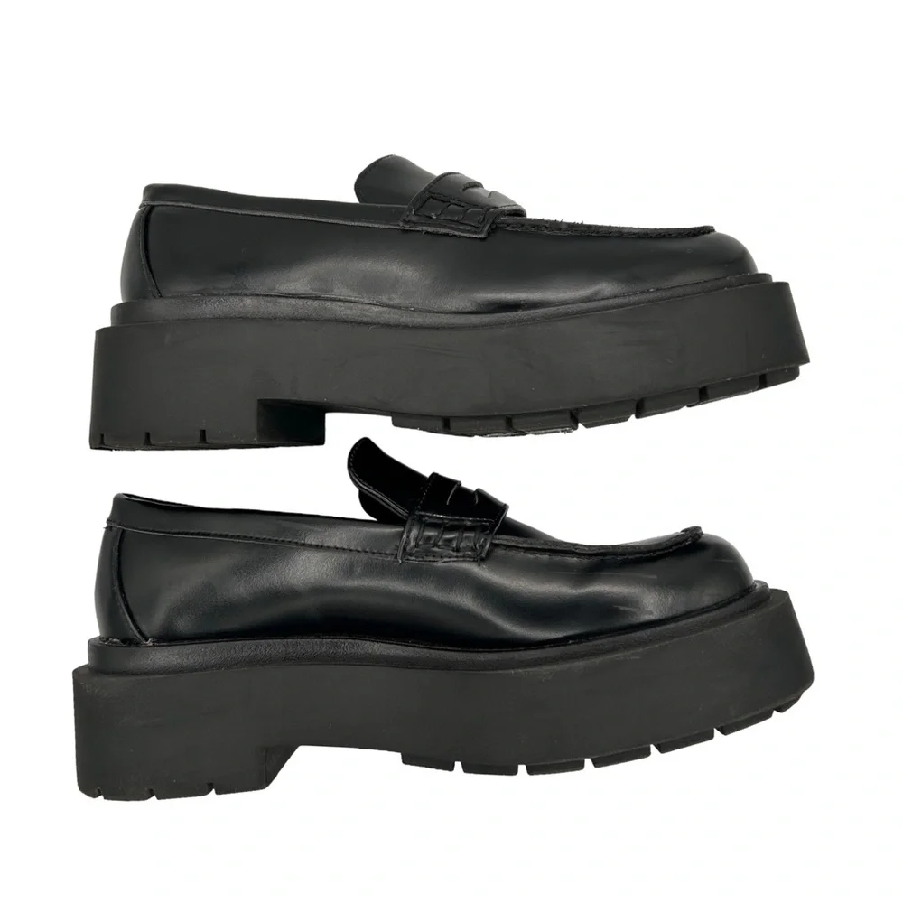 H&M Black Faux Leather Chunky Platform Preppy‎ Slip On Penny Loafers (6)